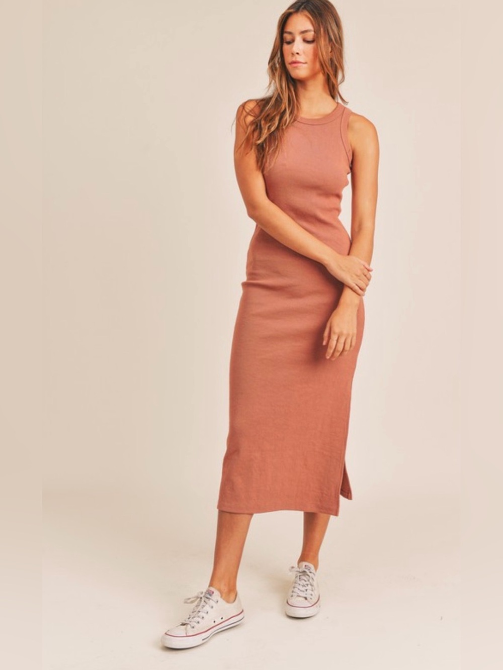 Sleeveless super stretchy Ribbed Midi Dress in Dusty Rose - Picture 2 of 9